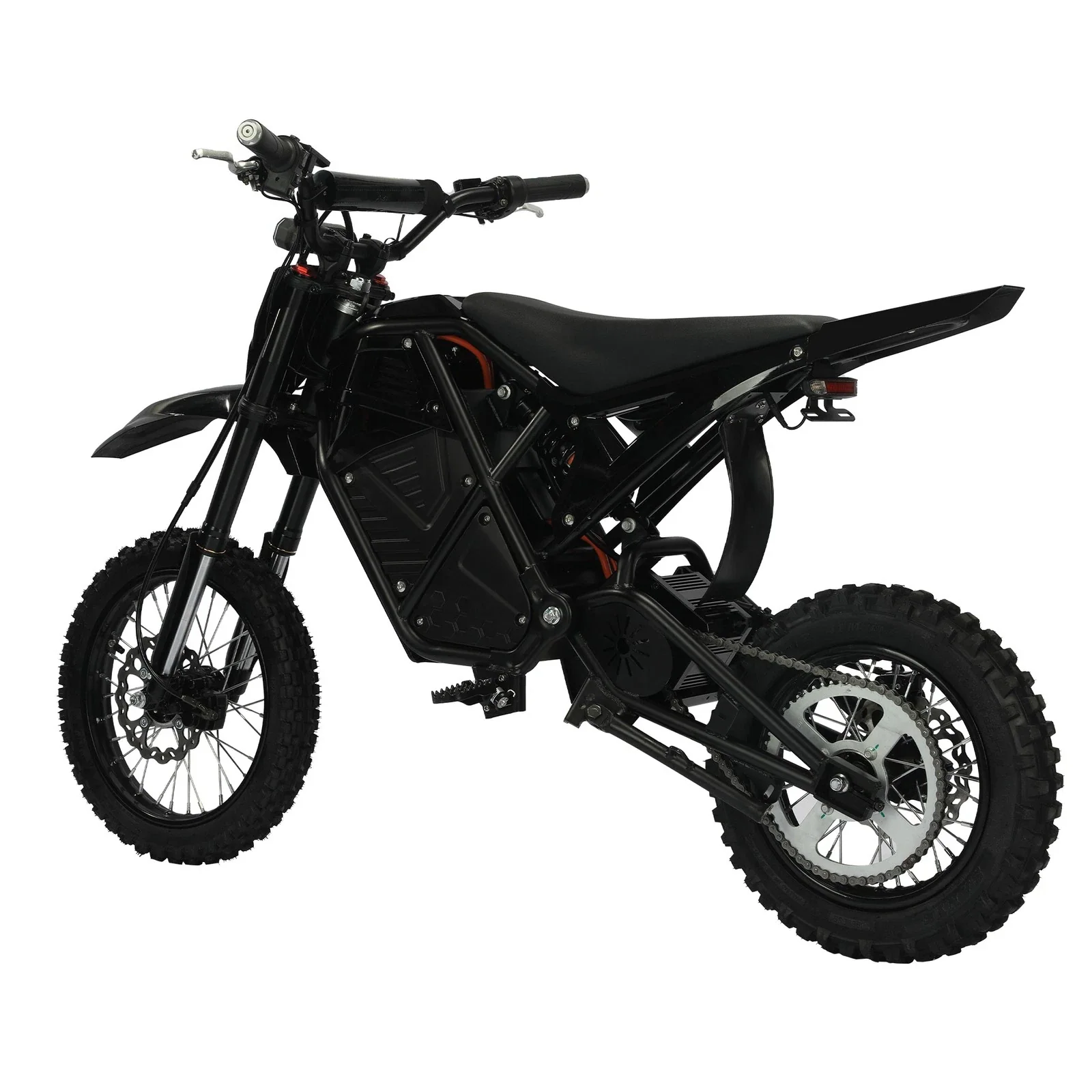 Rear three-quarter view of the black Ridge electric dirt bike